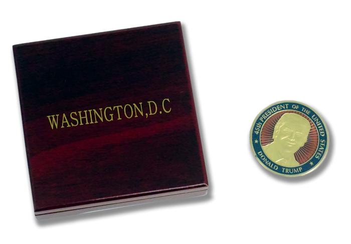 President Donald Trump Coin with One Coin Holder Wooden Box