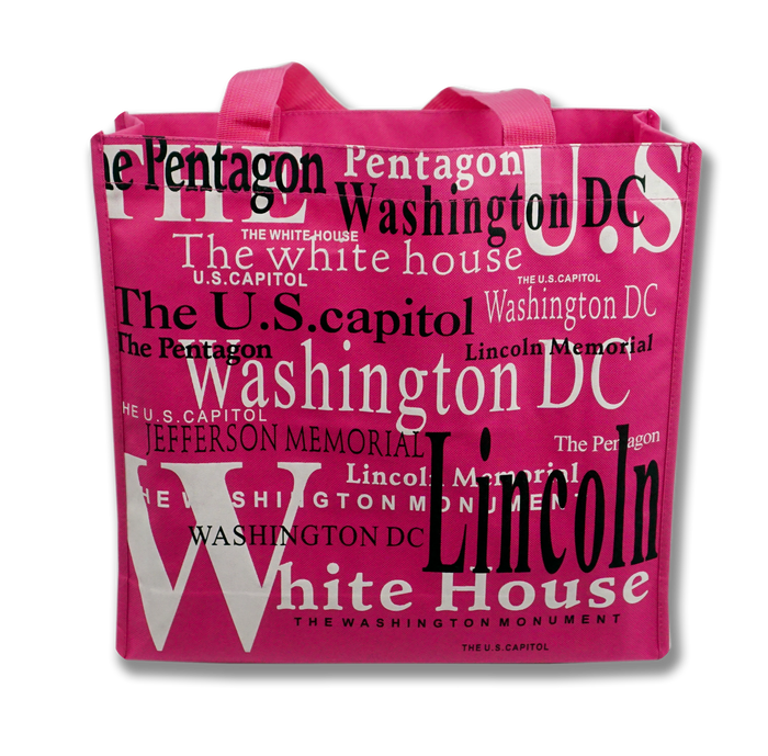 Washington DC with Landmarks Written Across Tote Bag Fuchsia