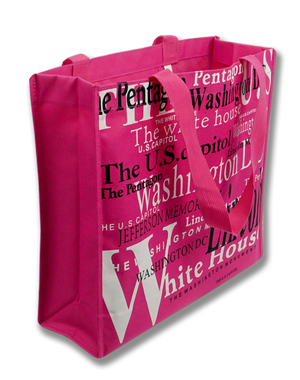 Washington DC with Landmarks Written Across Tote Bag Fuchsia