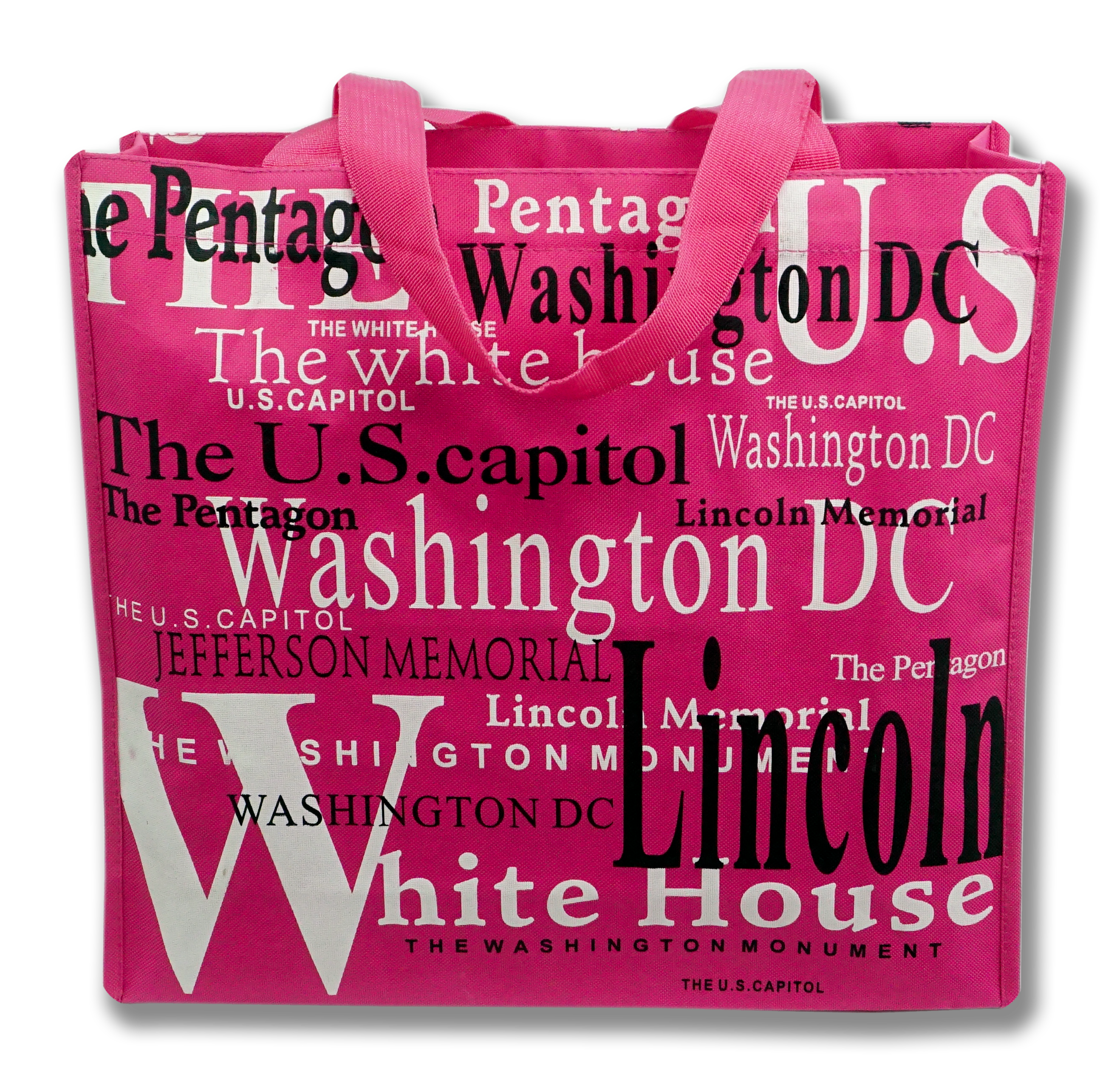 Washington DC with Landmarks Written Across Tote Bag Fuchsia
