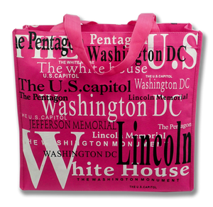 Washington DC with Landmarks Written Across Tote Bag Fuchsia