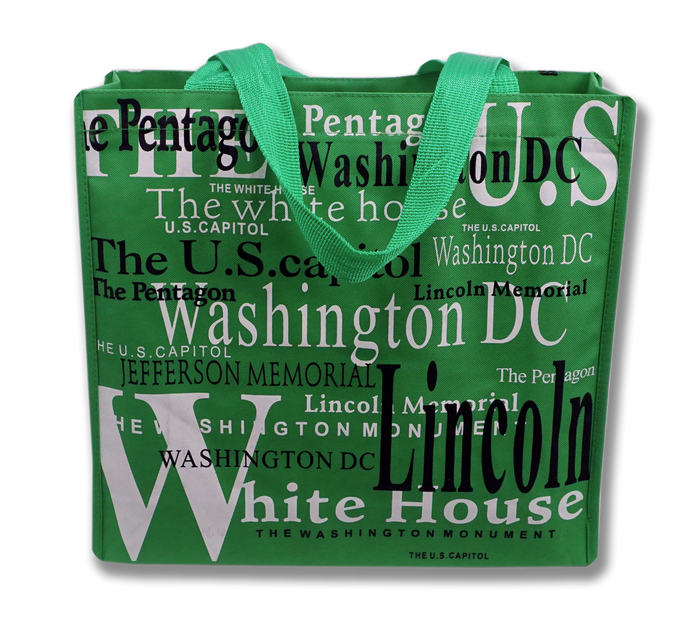 Washington DC with Landmarks Written Across Tote Bag Green