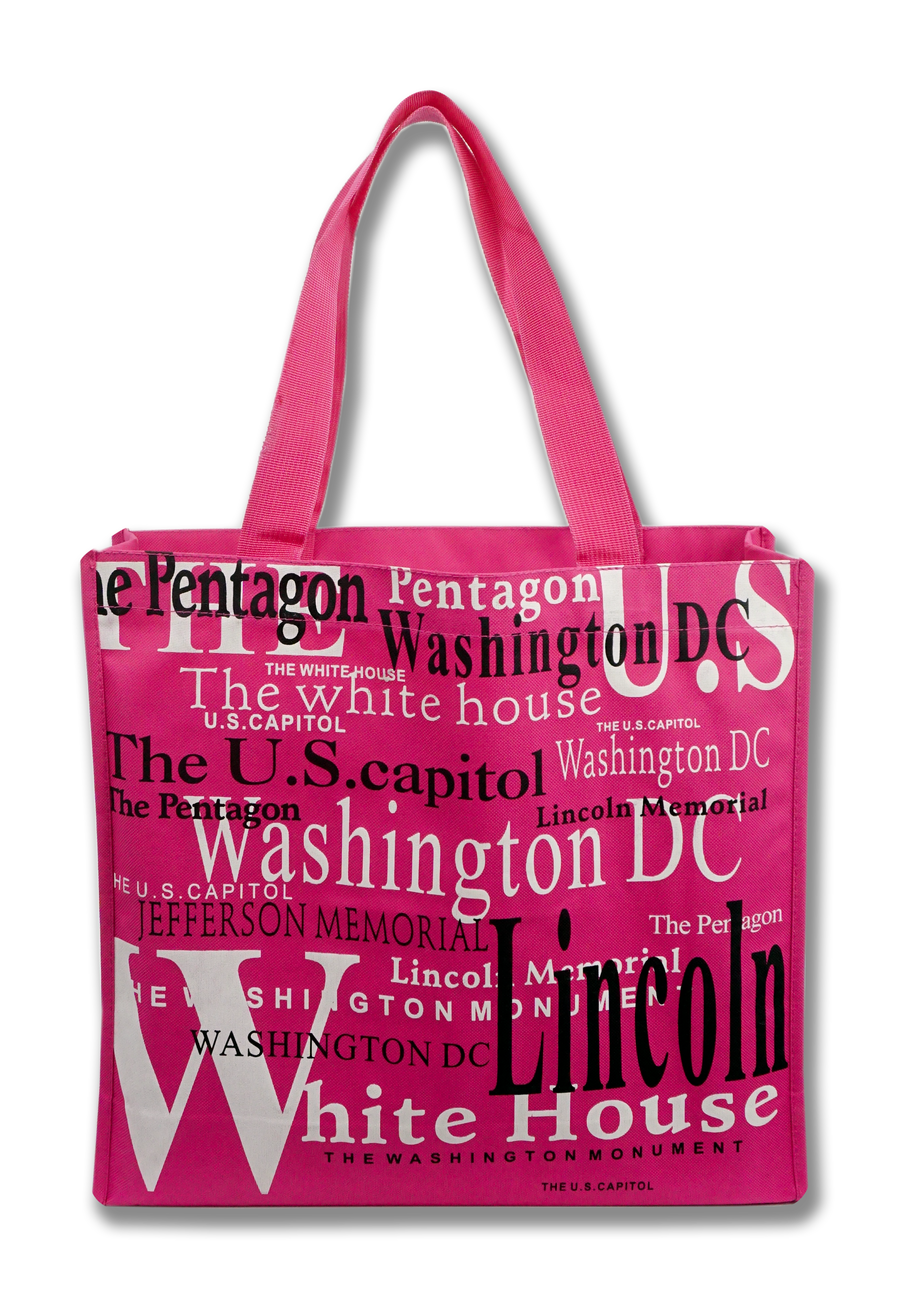 Washington DC with Landmarks Written Across Tote Bag Fuchsia