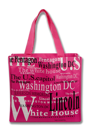 Washington DC with Landmarks Written Across Tote Bag Fuchsia