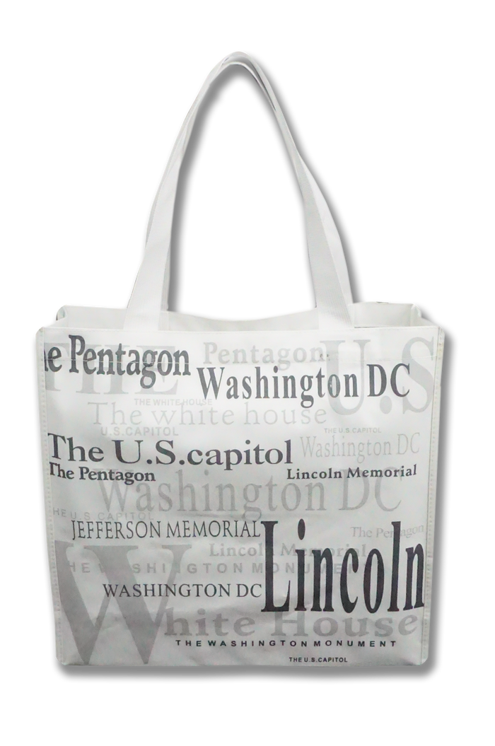 Washington DC with Landmarks Written Across Tote Bag White