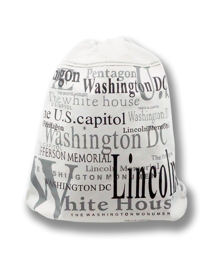 Washington DC with Landmarks Written Across Drawstring Bag Milky White