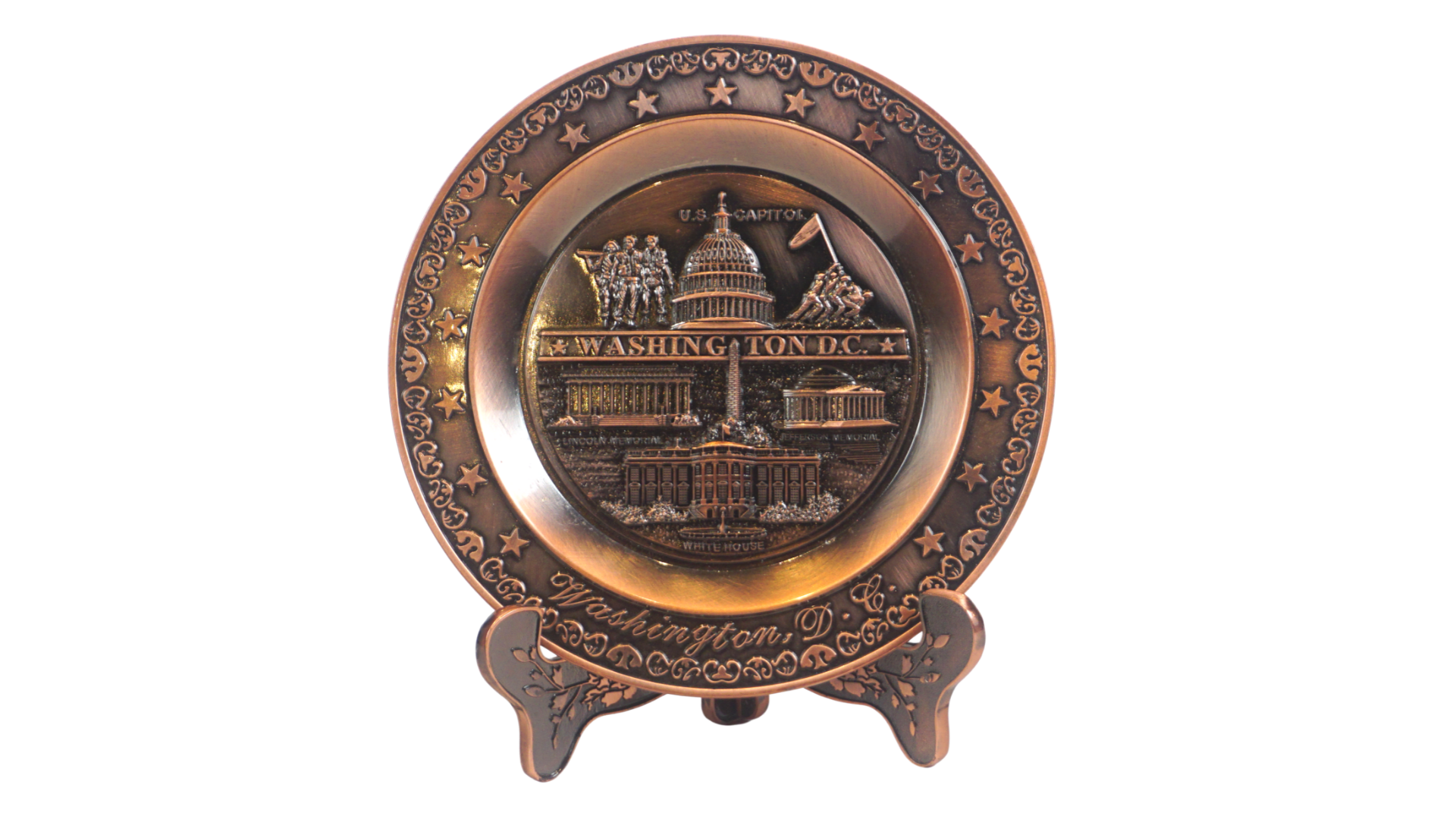 Medium Washington D.C Panorama w/Iwo Jima Copper Metal Plate w/Stand 5.5"