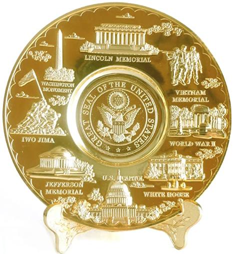 Washington DC Landmarks Gold Souvenir Plate with Matching Stand