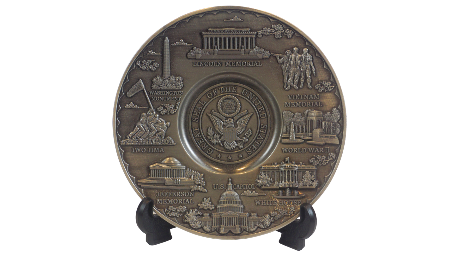 A large metal pewter plate with a detailed U.S. Seal and various iconic landmarks of Washington, D.C.