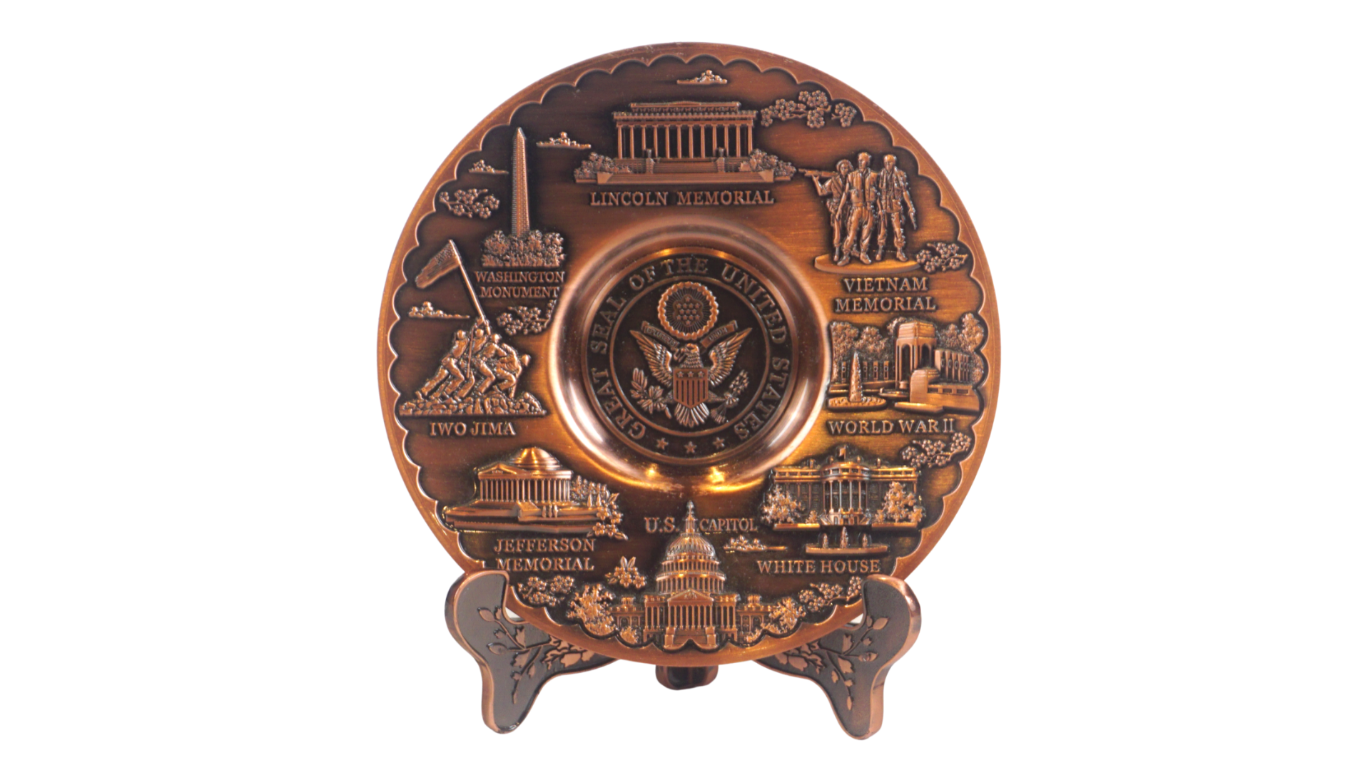 A bronze-colored copper metal plate with a detailed depiction of the U.S.