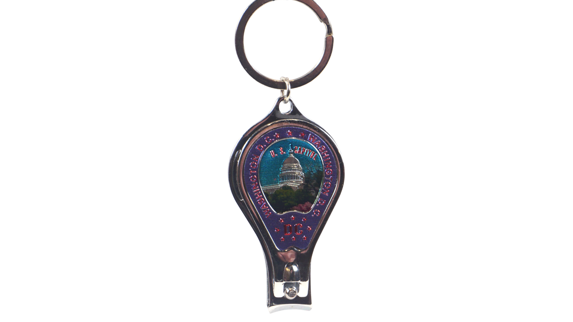 A silver metal keychain featuring an engraved design of the US Capitol with a purple background, the capital city of Washington D.C,