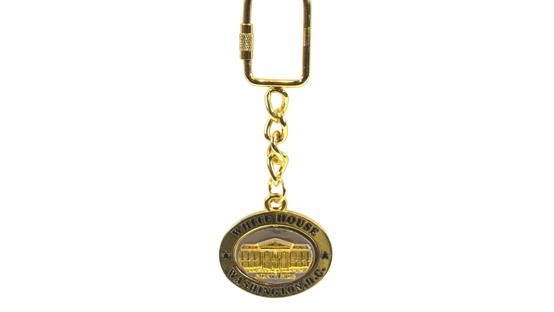 Gold-tone White House Washington DC keychain featuring an oval landmark medallion and secure carabiner clip.