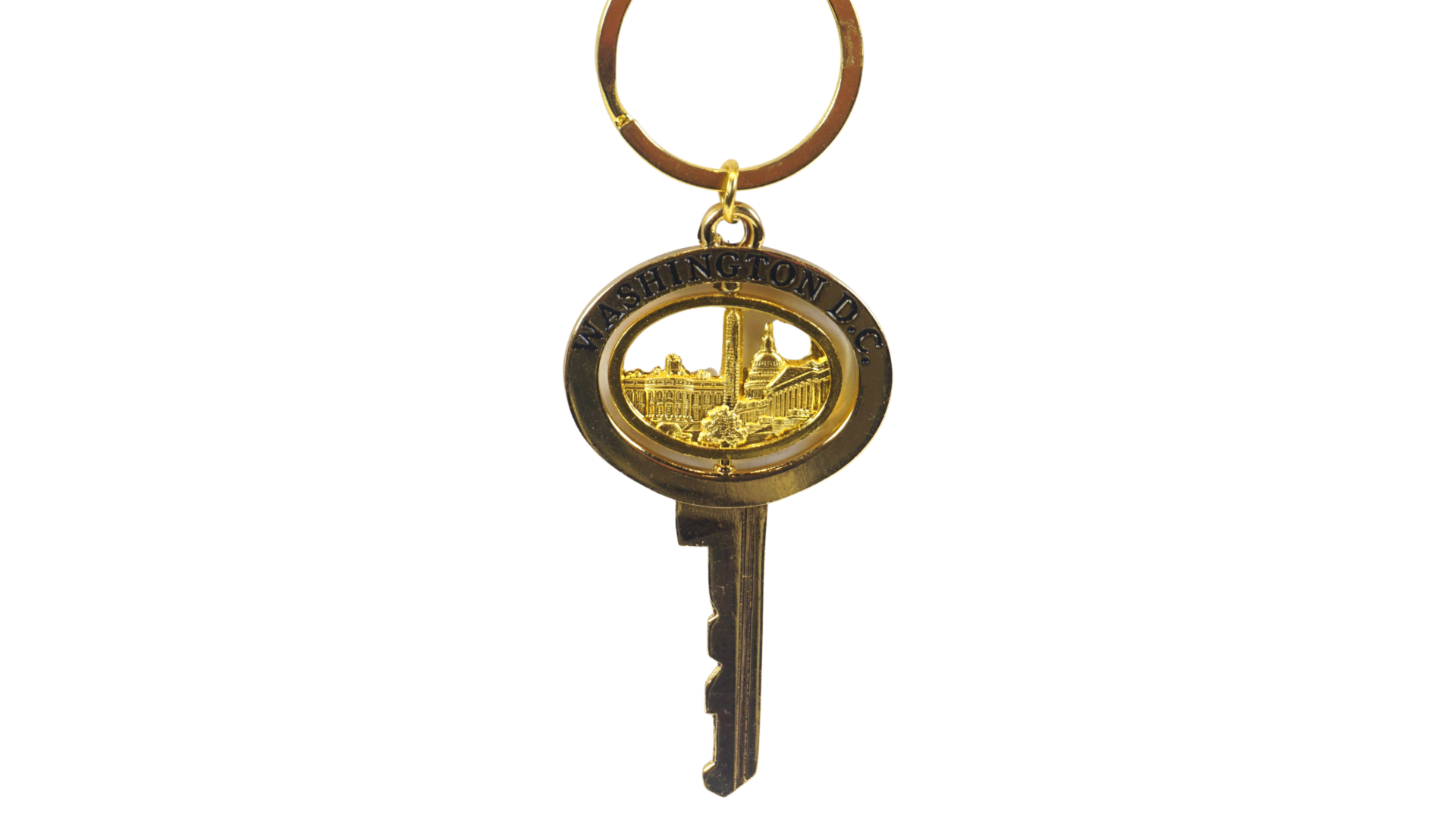Gold key-shaped Washington DC souvenir keychain featuring the White House, Washington Monument, and U.S. Capitol.