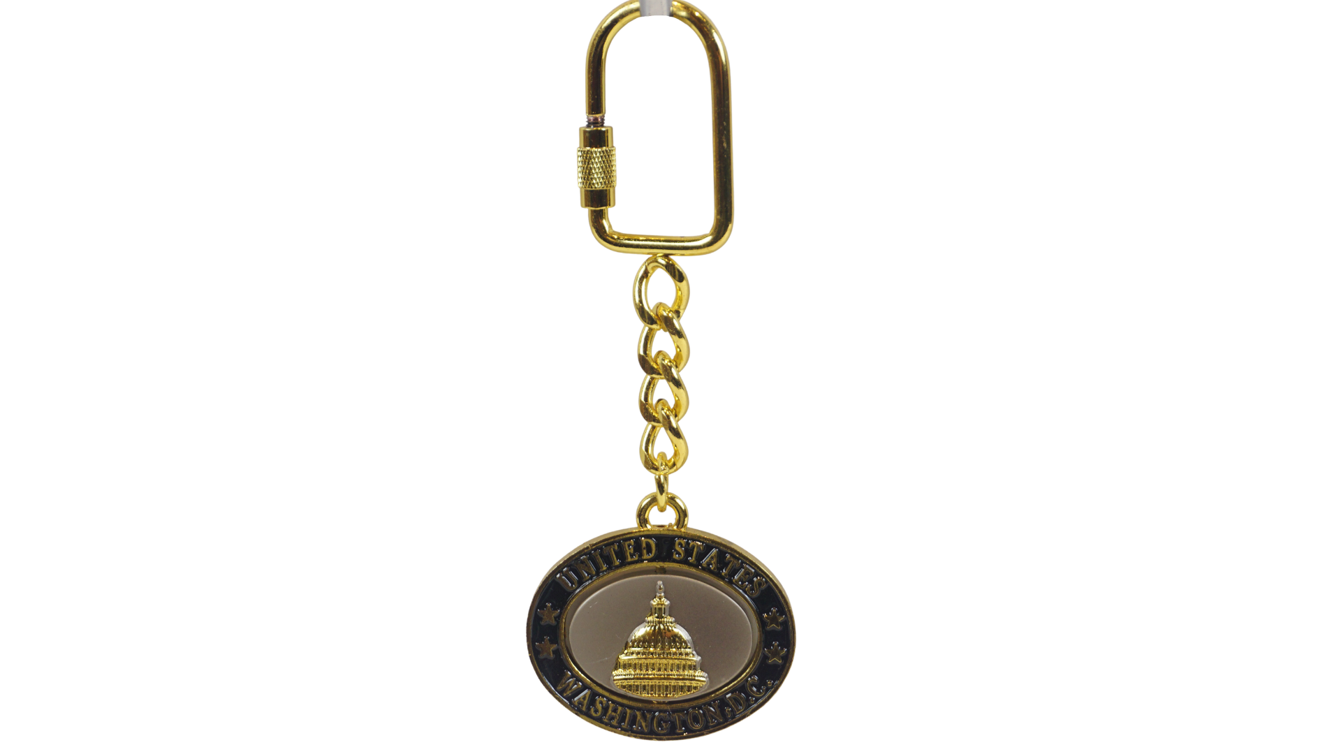 A gold-colored metal keychain with an inscription 'United States' and 'Washington D.C.' featuring an emblem with The US Capitol in the middle.