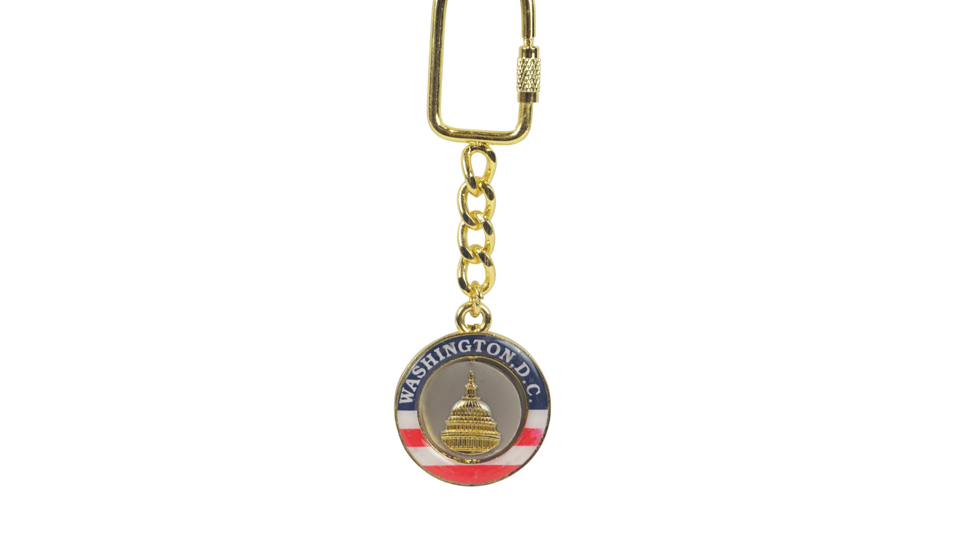 Gold-tone Washington DC keychain featuring the U.S. Capitol dome with a red, white, and blue patriotic border.