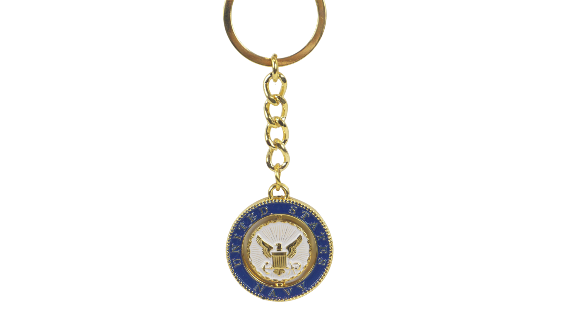 Gold-tone United States of America seal keychain featuring an eagle emblem with blue and white enamel.