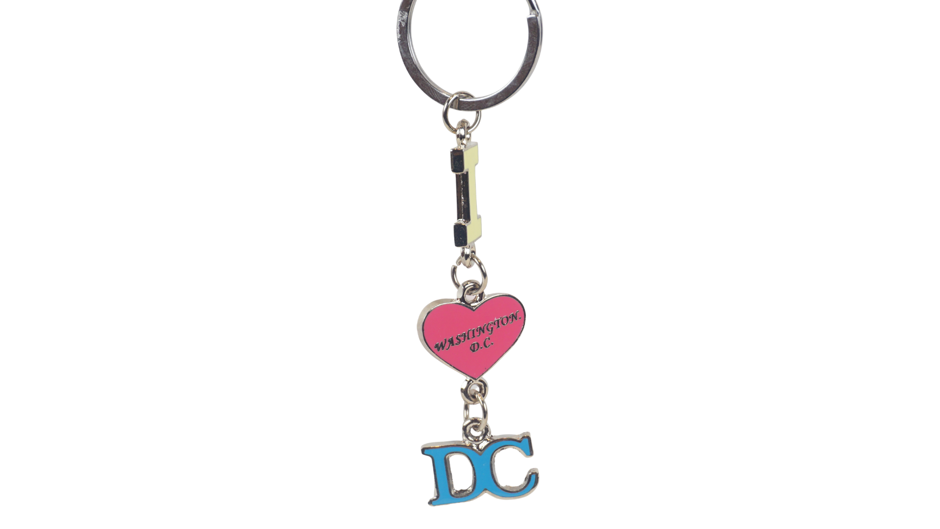 Silver-tone I Love DC charm keychain with a pink Washington D.C. heart and blue DC lettering.