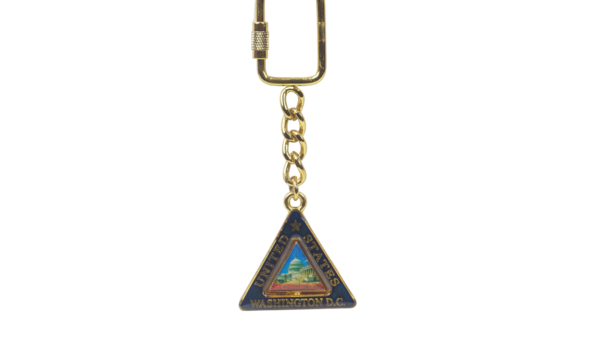 Triangular Washington DC souvenir keychain featuring the U.S. Capitol in a blue and gold enamel design.