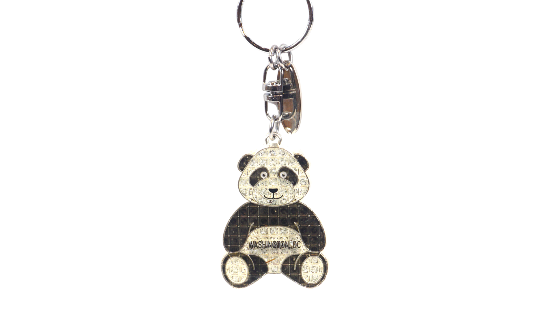 Rhinestone panda Washington DC souvenir keychain with black-and-white crystal detailing and silver-tone hardware.