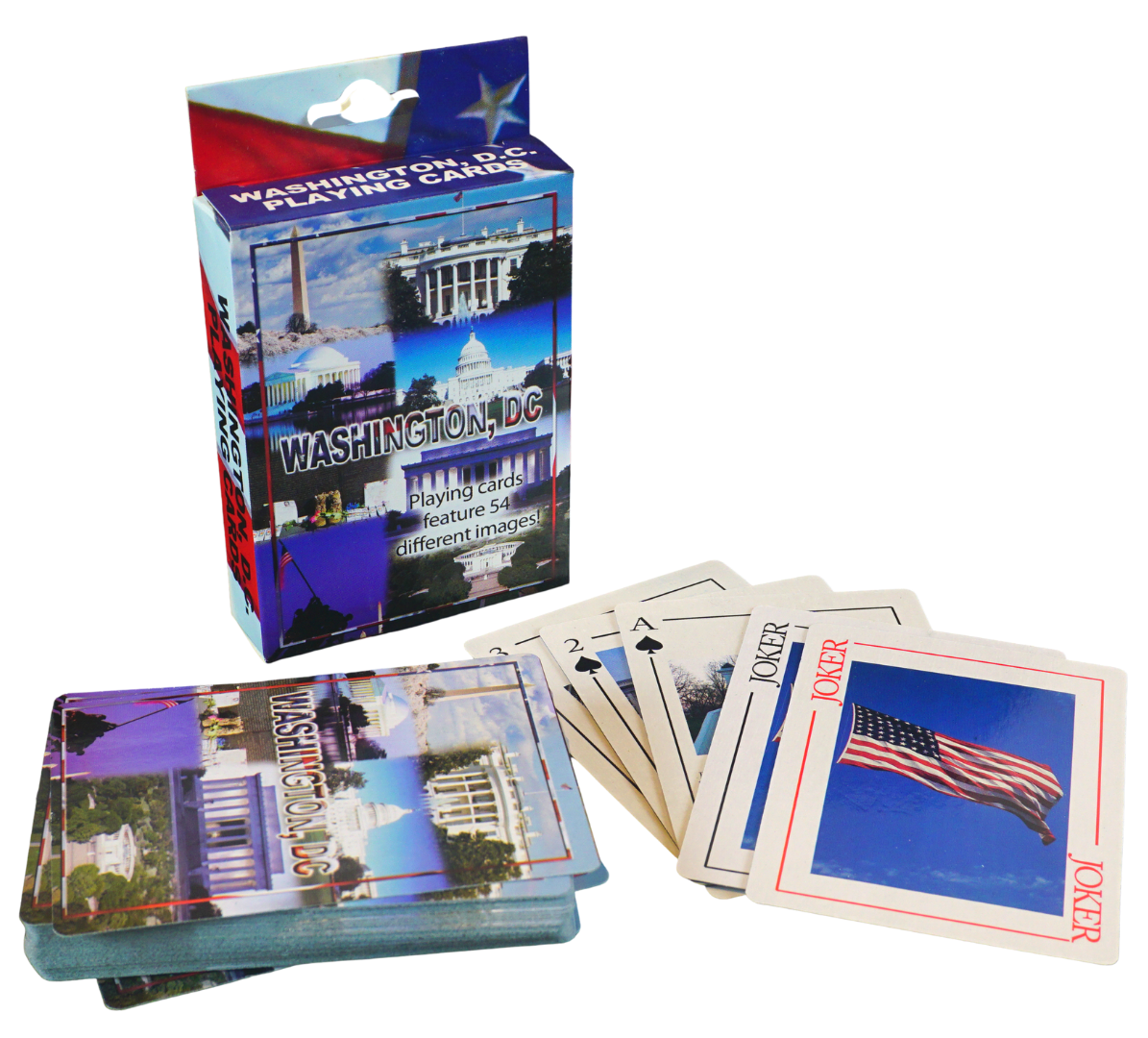 A spread of collectible souvenir playing cards with an image of the Washington Monument and other D.C.