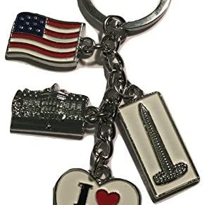 Washington DC charm keychain with American flag, White House, Washington Monument, and I Love DC heart