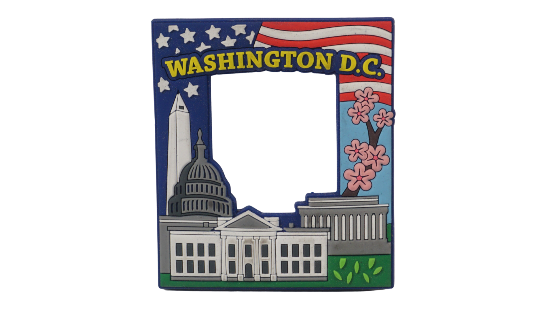 Rubber mini photo frame with a design featuring the Washington DC skyline, suitable for a 2x2 picture.